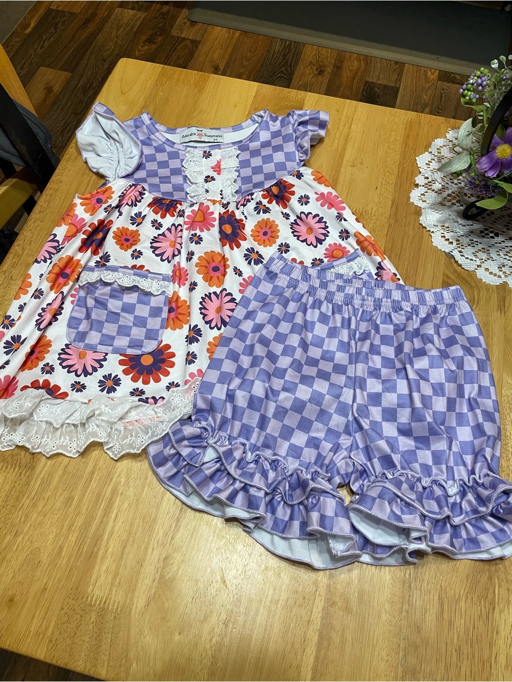 Girls Lavender Check & Floral Matching  Set